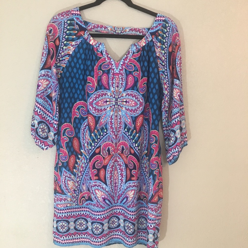 Pink owl gorgeous boho dress med blue print EUC